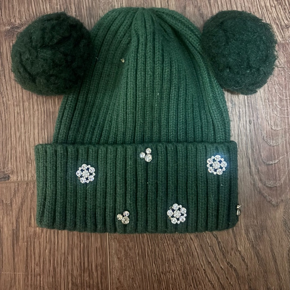 Disney Parks Emerald Green Mickey Rhinestone Pom-Pom Beanie